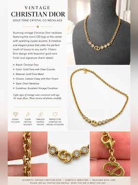 Christian Dior Authentic Vintage-Gold Tone Crystal CD Necklace ✨ EUC